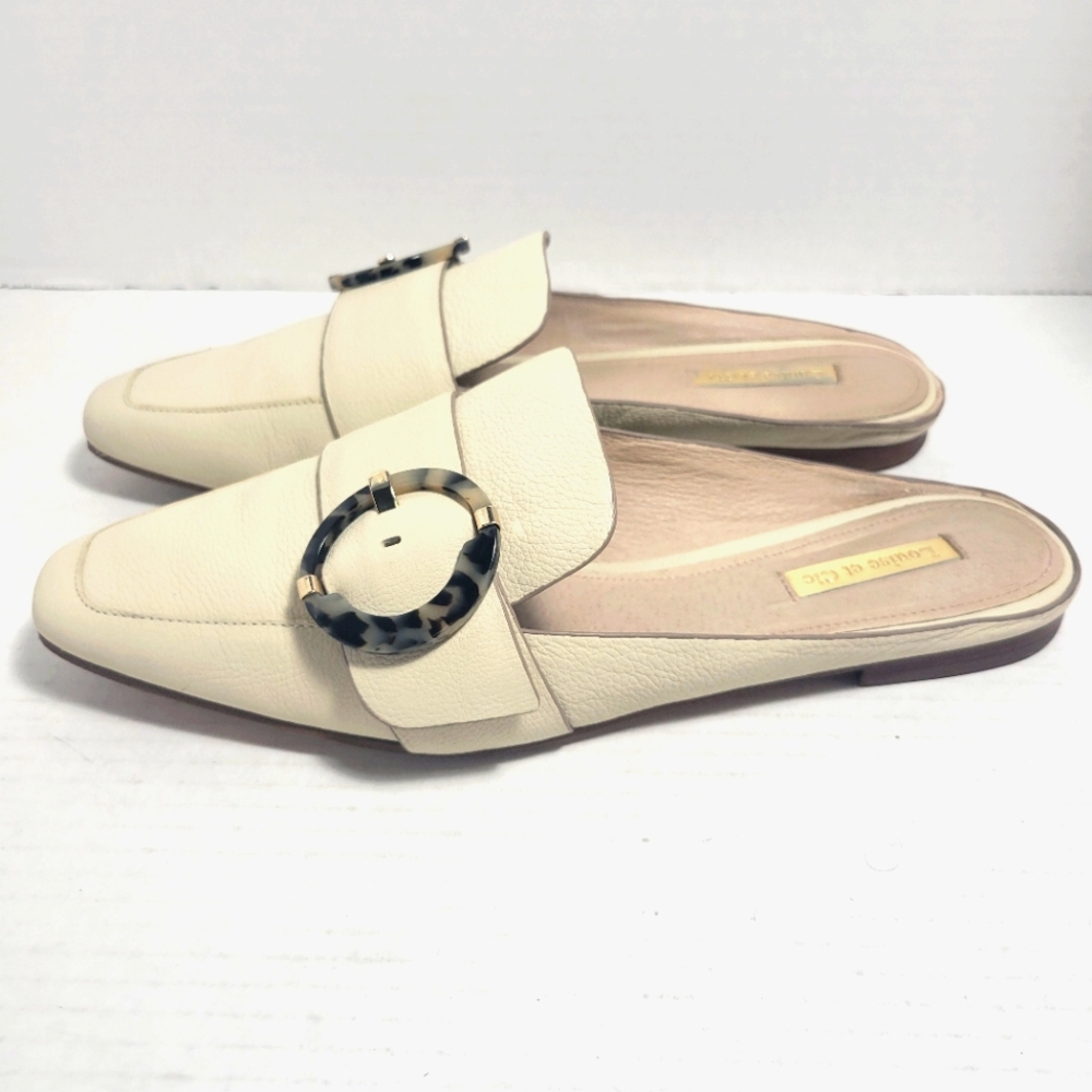 LOUISE ET CIE Brileigh Cream Leather Mules with Buckle Detail